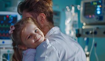 médico abraçando pequeno menina dentro hospital sala. sorridente jovem menina ser mantido de uma médico foto