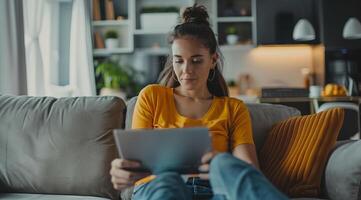 uma mulher às casa com uma computador portátil ou tábua navegando Internet, pagando contas e compras conectados foto