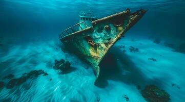 uma naufrágio é visto dentro a oceano profundo embaixo da agua foto