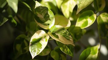 fechar-se tiro do pontos do luz em folhas em exótico plantar crescendo dentro sombra, foto