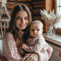 mãe segurando dela bebê dentro uma caloroso acolhedor casa configuração foto