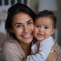 retrato do uma sorridente mulher segurando uma bebê adequado para família ou puericultura indústria foto