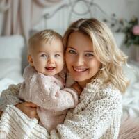 mãe e bebê dentro uma acolhedor quarto cena foto