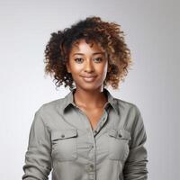 retrato do uma sorridente jovem africano americano mulher potencial para moda e estilo de vida indústrias foto