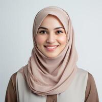 retrato do uma sorridente jovem mulher dentro uma hijab adequado para moda e cultural diversidade temas foto