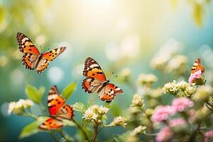 saturado brilhante vibrante cor borboletas em Primavera e verão selvagem flores dentro uma campo com uma espaço para texto. Primavera tempo, verão tempo. foto