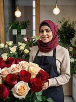 muçulmano mulher florista coleta ramalhete do rosas- fresco cortar flores dentro vasos dentro flor fazer compras e prateleiras para oferta, Entrega para a feriado. primavera, marcha 8, mulheres dia, aniversário foto