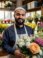 muçulmano homem florista coleta ramalhete do Primavera flores- fresco cortar flores dentro vasos dentro flor fazer compras e prateleiras para oferta, Entrega para a feriado. primavera, marcha 8, mulheres dia, aniversário. foto