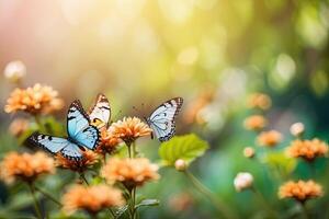 saturado brilhante vibrante cor borboletas em Primavera e verão selvagem flores dentro uma campo com uma espaço para texto. Primavera tempo, verão tempo. foto