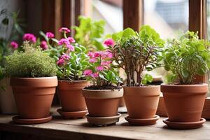 popular em vaso plantas dentro uma terracota Panela em a janela peitoril do a casa janela, sacada, suculento, begônia, florescendo, ficus. foto