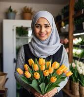 muçulmano mulher florista coleta ramalhete do tulipas- fresco cortar flores dentro caixas e vasos dentro flor fazer compras e prateleiras para oferta, Entrega para a feriado. primavera, marcha 8, mulheres dia, aniversário. foto