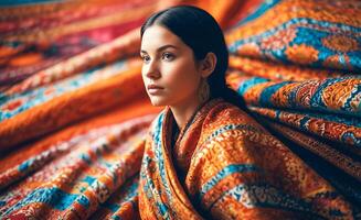 lindo mulheres vestem tradicional pano com lindo cores e padrões. foto
