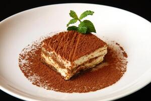 Tiramisu, clássico italiano sobremesa coberto dentro chocolate em topo foto