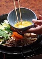 passo a passo guia para Sukiyaki, uma clássico japonês prato com vegetais, manteiga, molho, carne e tofu queijo foto