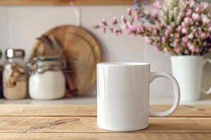 branco 11 onças cerâmico caneca em cozinha mesa com decorações, suave luz, foto imagem