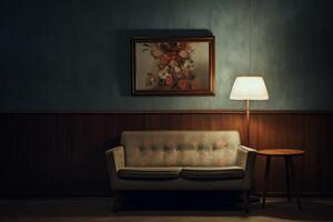 uma solteiro cenário quadro, Armação suspensão em a parede dentro vintage vivo quarto com sofá e luminária foto