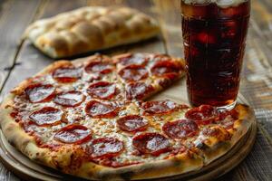 saboroso salame pizza com uma suave beber em uma restaurante mesa foto