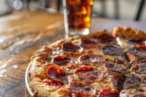 saboroso salame pizza com uma suave beber em uma restaurante mesa foto