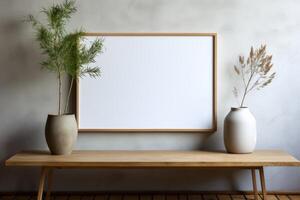 de madeira quadro, Armação com em branco branco tela de pintura dentro moderno vivo sala, minimalista, brincar foto