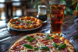 saboroso salame pizza com uma suave beber em uma restaurante mesa foto
