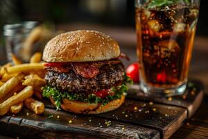 saboroso hamburguer com francês fritas e uma Coca foto