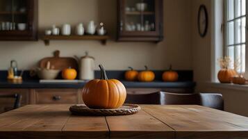 de madeira mesa e abóboras, rústico cozinha interior com outono outono decorações, borrado fundo.seletivo foco e cópia de espaço. foto
