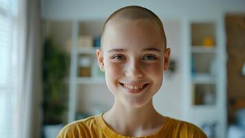 feliz Câncer paciente. sorridente menina depois de quimioterapia tratamento às hospital oncologia departamento foto