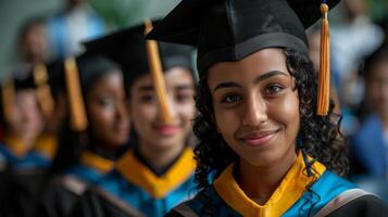 retrato do jovem mulheres vestindo seus graduação vestidos e cápsulas durante a cerimônia. foto