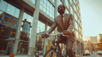 a africano americano homem dentro uma o negócio terno pendulares para trabalhos em uma bicicleta. ambientalmente amigáveis transporte, sustentável estilo de vida, moderno ecológico cidade foto