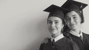 ai jovem mulher alunos abraçando em graduação cerimônia. alegre amigos a comemorar a fim do escola, retro Preto e branco cor foto