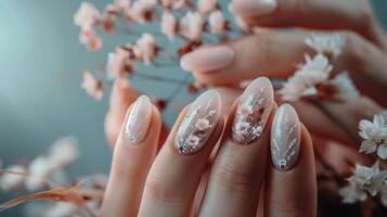 Primavera tema unhas arte Projeto. mulher mãos com bonita floral manicure. foto