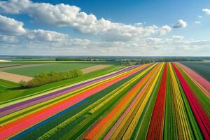 aéreo Visão do uma vibrante campo do colorida flores alongamento através a panorama. foto