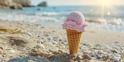 gelo creme cone com Rosa gelo creme em a praia, fechar acima, espaço para texto ou produtos dentro a estilo do copyspace foto