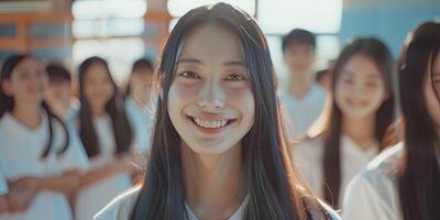 uma lindo japonês mulher com grandes cabelo e grande olhos sorrisos, foto