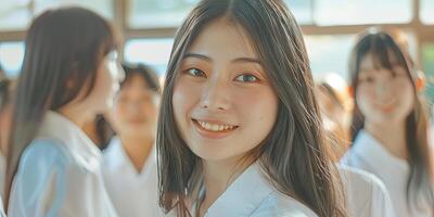 uma lindo japonês mulher com grandes cabelo e grande olhos sorrisos, foto