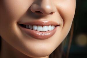 uma perfeito sorrir com branco dentes do uma jovem menina fechar-se. foto