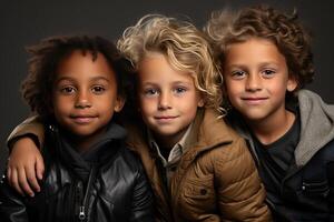 retrato do três Rapazes do diferente nacionalidades dentro a estúdio. foto