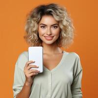 sorridente bonita mulher segurando Smartphone com branco brincar em branco dispositivo tela dentro mão fechar acima para Câmera, laranja estúdio. foto