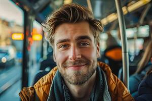 jovem sorridente bonito homem dentro a ônibus. fechar-se retrato do feliz cara. foto