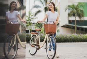foto do jovem ásia mulher com bicicleta