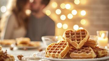 romântico café da manhã, em forma de coração waffles em uma mesa conjunto para dois, uma casal em a beira do uma beijo. perfeitamente adornado para dia dos namorados dia. foto