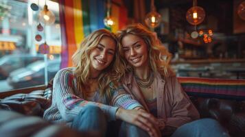 dois ásia mulheres usando computador portátil computador às café fazer compras. lgbt conceito. foto