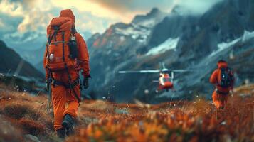 resgate helicóptero dentro a montanhas. resgate equipe. resgate helicóptero. foto