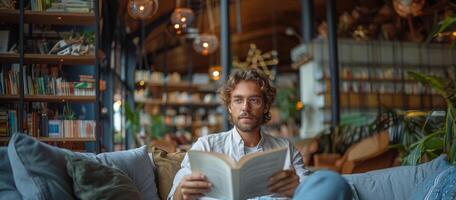 retrato do bonito homem dentro Óculos lendo livro dentro cafeteria foto