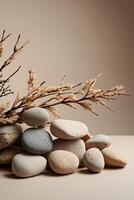 minimalista ainda vida com pedras e ramo em bege fundo foto
