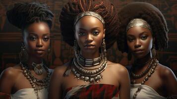três africano mulheres dentro tradicional roupas com joalheria foto