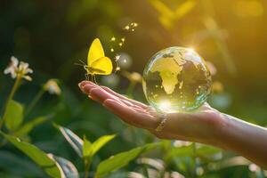 eco amigáveis terra dia cartão com globo árvore e borboleta. foto