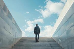 homem de negocios escalada escadas para sucesso. foto