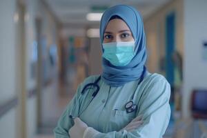 árabe fêmea médico dentro hijab e luvas dentro hospital. foto