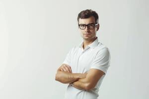 jogador de golfe dentro branco camisa em branco fundo. foto